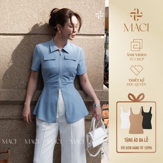 Áo Sơ Mi Bò Lụa Xanh Nhạt Khoá Đồng MACI by MKC MCASMXD0075 Thời Trang Nữ Thiết Kế Độc Quyền