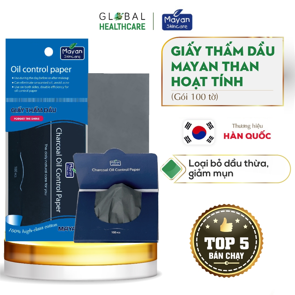 Giấy thấm dầu da mặt Mayan Than hoạt tính/Thường (Gói 100 tờ)
