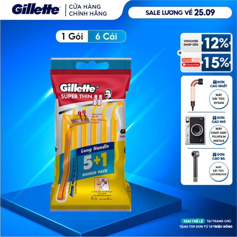 Dao Cạo Râu GILLETTE Super Thin Cán Vàng - Gói 5+1 Cái