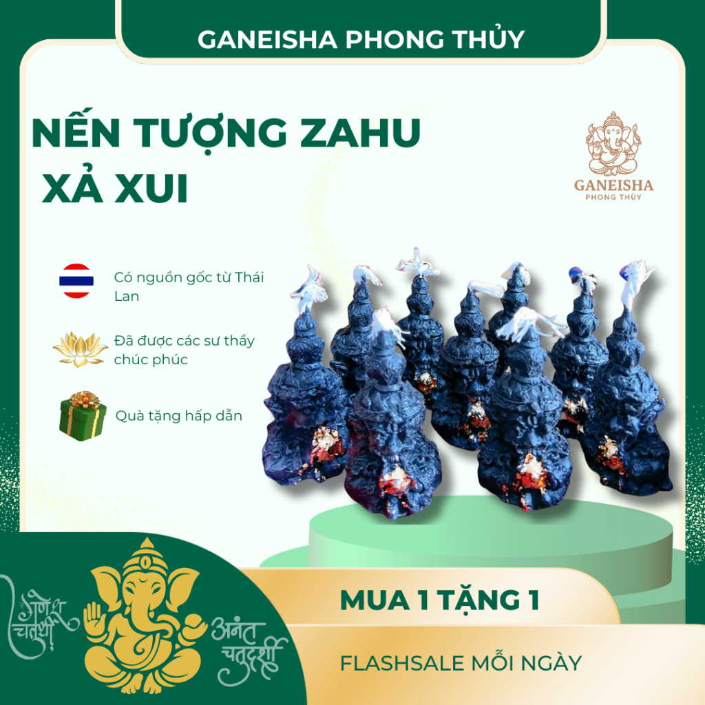 Nến đen thần Rahu Thái Lan, nến giải hạn cải vận xui, nến rahu ôm cây & tượng nhỏ Ganes