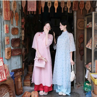  Áo dài tơ ren Yên Dung họa tiết in hoa đính cúc bọc kèm quần lụa LABEL AD07 