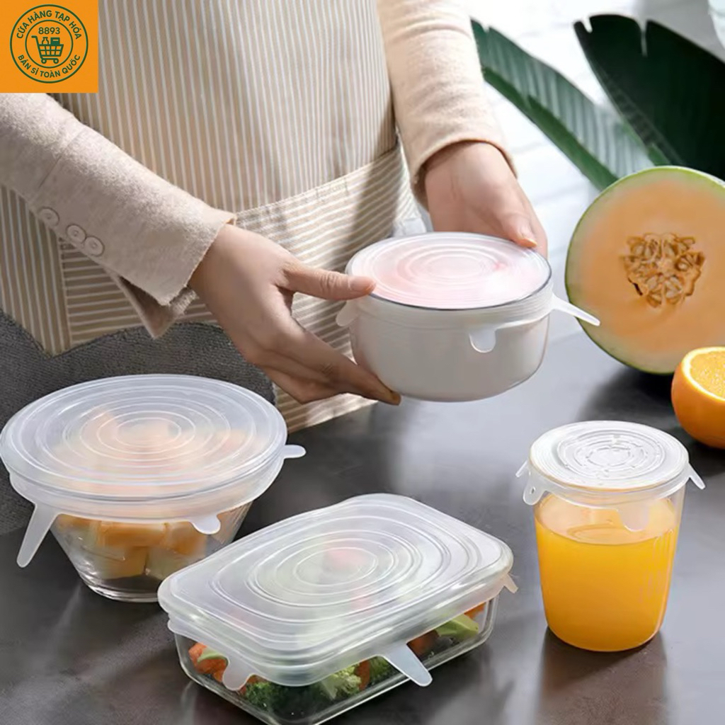Set 6 Nắp Silicon S6 Đậy Tất Cả Đồ Hộp, Cốc, Bát, Thố, Đĩa Thức Ăn Cho Tủ Lạnh (Loại 1 - Dùng Được Lò Vi Sóng)