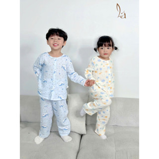 Pijama bé trai bé gái tay dài xô muslin Lá Homewear A109, đồ ngủ bé trai xô đũi cổ tròn caro hình thú