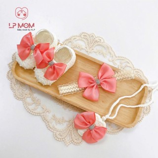 Set quà tặng cho bé sơ sinh LP MOM gồm 3 món, giày, tuban, túi đeo tỏi làm thủ công đan len xinh xắn