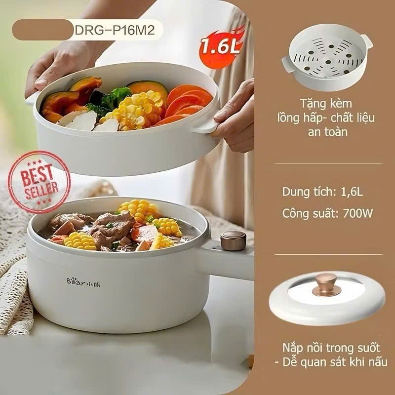Chảo điện đa năng Bear P16M2 chảo chống dính tự động ngắt khi quá nhiệt dung tích 1,8L công suất 700w