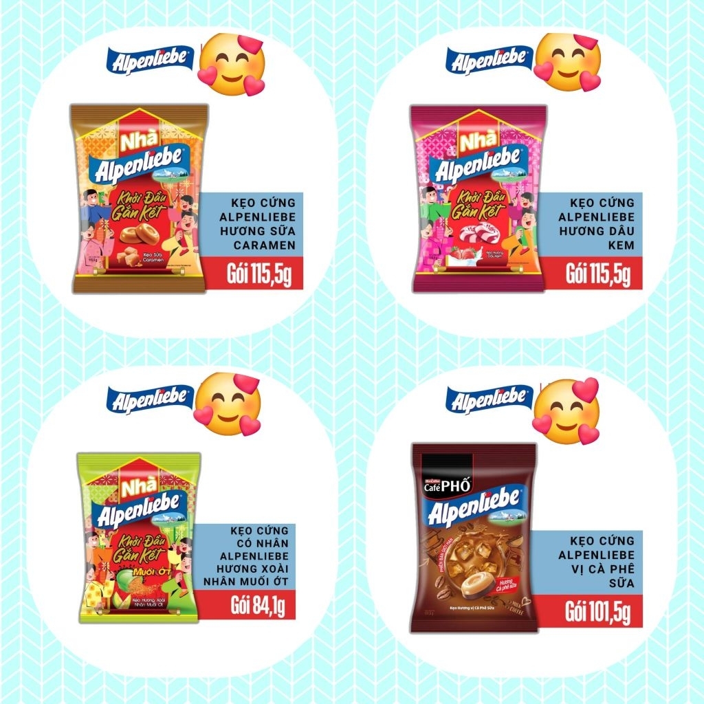 Sỉ 20 Gói Kẹo Cứng Alpenliebe Đủ vị ( 5 Gói Sữa Caramem, 5 gói Sữa Dâu, 5 Gói Cà Phê Phố, 5 Gói Xoài