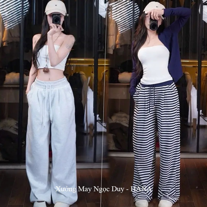   HOT Quần Dài + Short Quần Ống Rộng Nỉ Cạp Bản To 2 Da Có Túi Dây Rút Vải Vải Dày Mịn Nâng Hông Nữ M50 M55 M60 M65 M70 