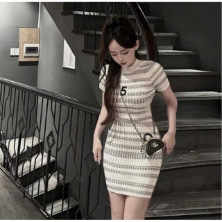 Đầm body len số 5 ôm body, tay ngắn phối sọc cá tính TMT HOUSE