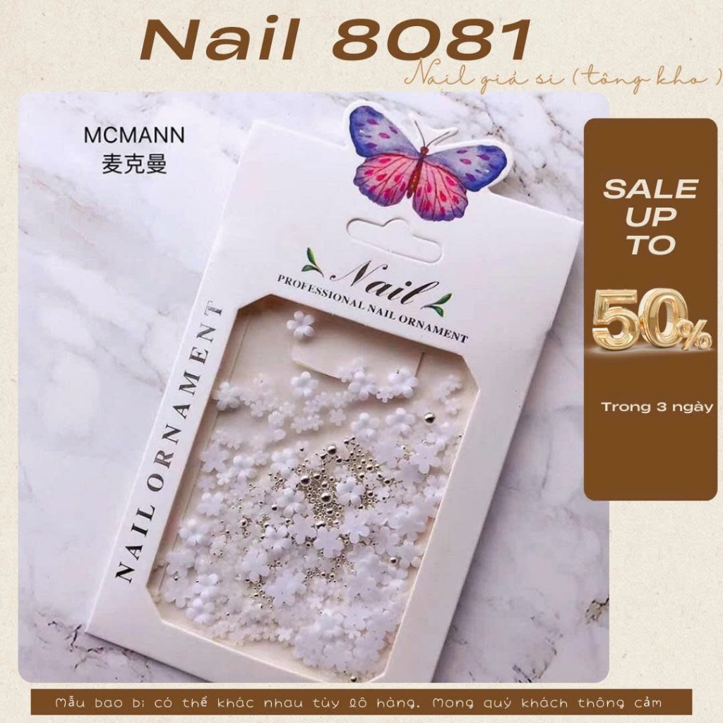 Charm hoa sứ đính móng kèm bi sắt vàng bạc