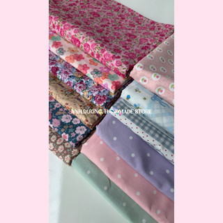 Vải Thô cotton- in hoa, chấm bi, caro, sọc- may đầm, bộ, handmade (dài 1m, khổ 1m45, vải cắt liền)