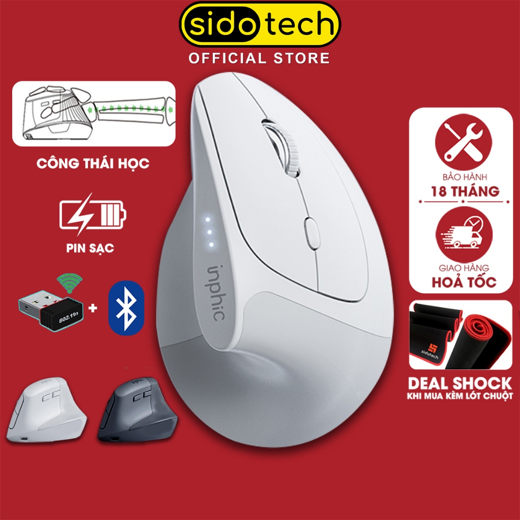 Chuột không dây công thái học SIDOTECH INPHIC X9 sạc pin bluetooth silent chống ồn Vertical Mouse wireless 2.4g máy tính | BigBuy360 - bigbuy360.vn