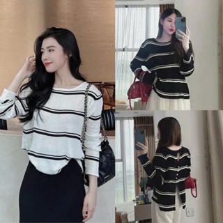  Áo len nữ sọc ngang hở lưng dài tay màu trắng đen thu đông mẫu mới hot hàng QC 