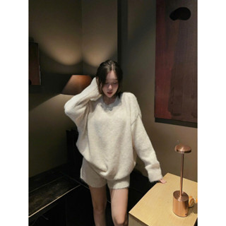  Set len nữ áo len trơn basic dáng rộng dài tay kèm quần short đùi len mùa thu đông 