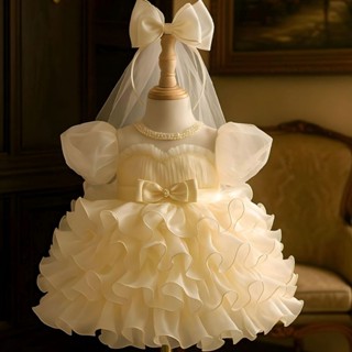 Váy Công Chúa Màu Kem Tay Bồng Nhiều Tầng Kèm Cài Cô Dâu 4-15 Kg,Váy Cho Bé Gái Sinh Nhật Dự Tiệc