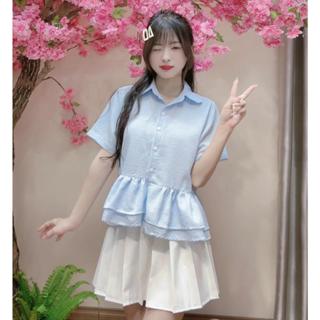 Kozoda Áo sơ mi nữ SM402 chất đũi xốp họa tiết kẻ sọc cổ sen dáng babydoll xòe tiểu thư ngắn tay phong cách thanh lịch
