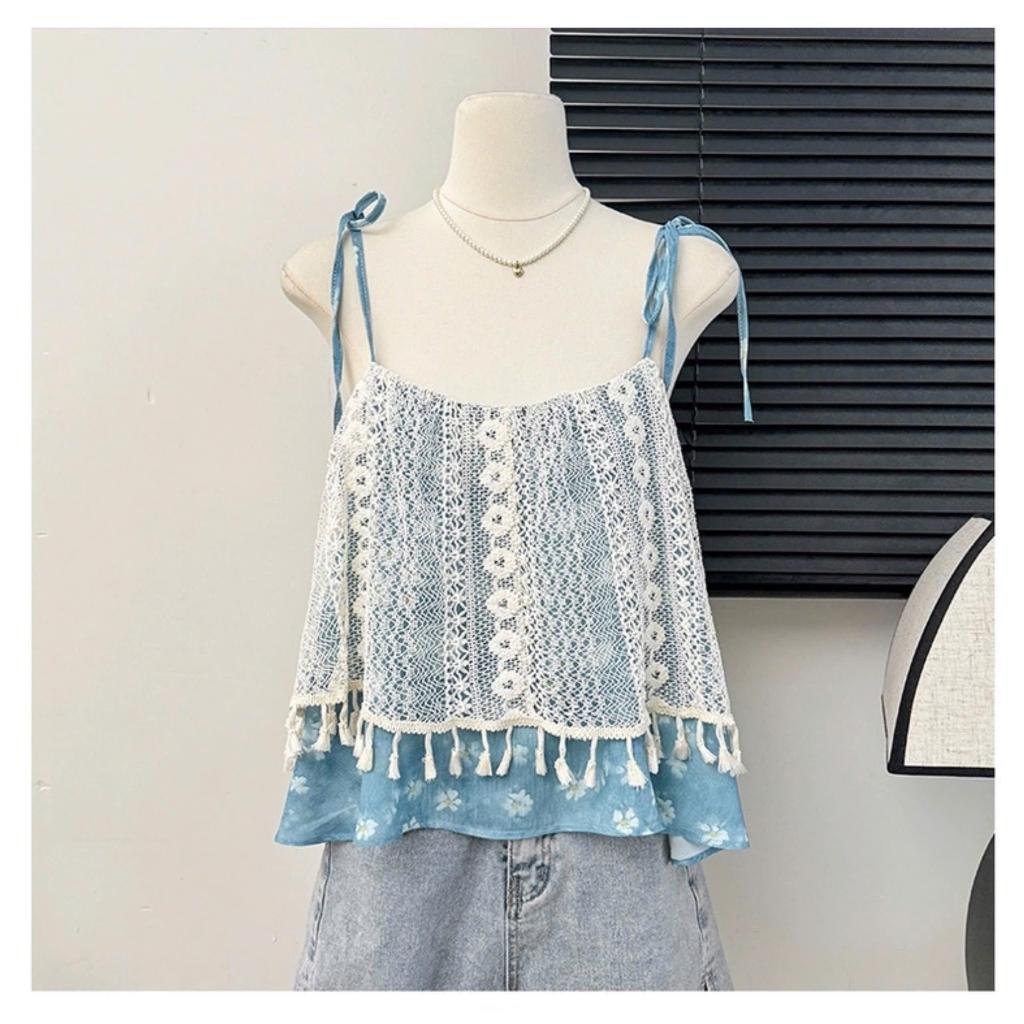  Áo kiểu nữ SM409 chất dệt kim mix lụa cotton dáng 2 dây tua rua hai lớp họa tiết hoa mai mùa hè nhẹ nhàng 2 màu Kozoda 