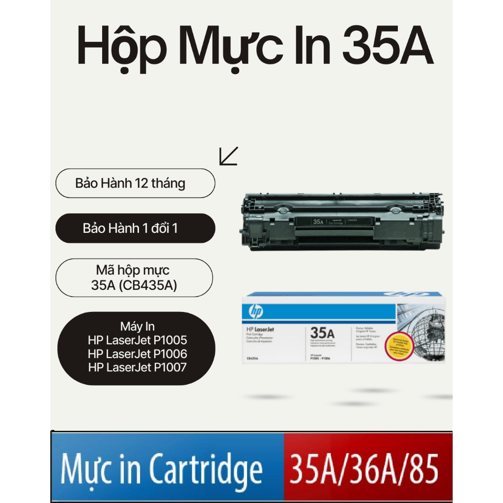 Hộp mực máy in 35A (CB435A) HP LaserJet P1005, P1006, P1007 [ Loại Tốt ] Nhập khẩu siêu nét