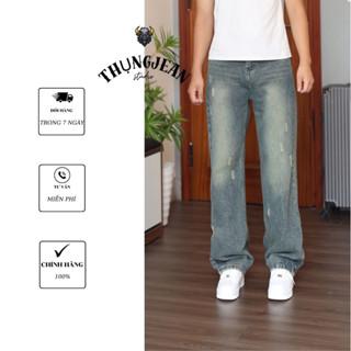 Quần jean nam rộng cào xước nhẹ phong cách menswear,2 màu xanh biển và xanh vàng TJ028