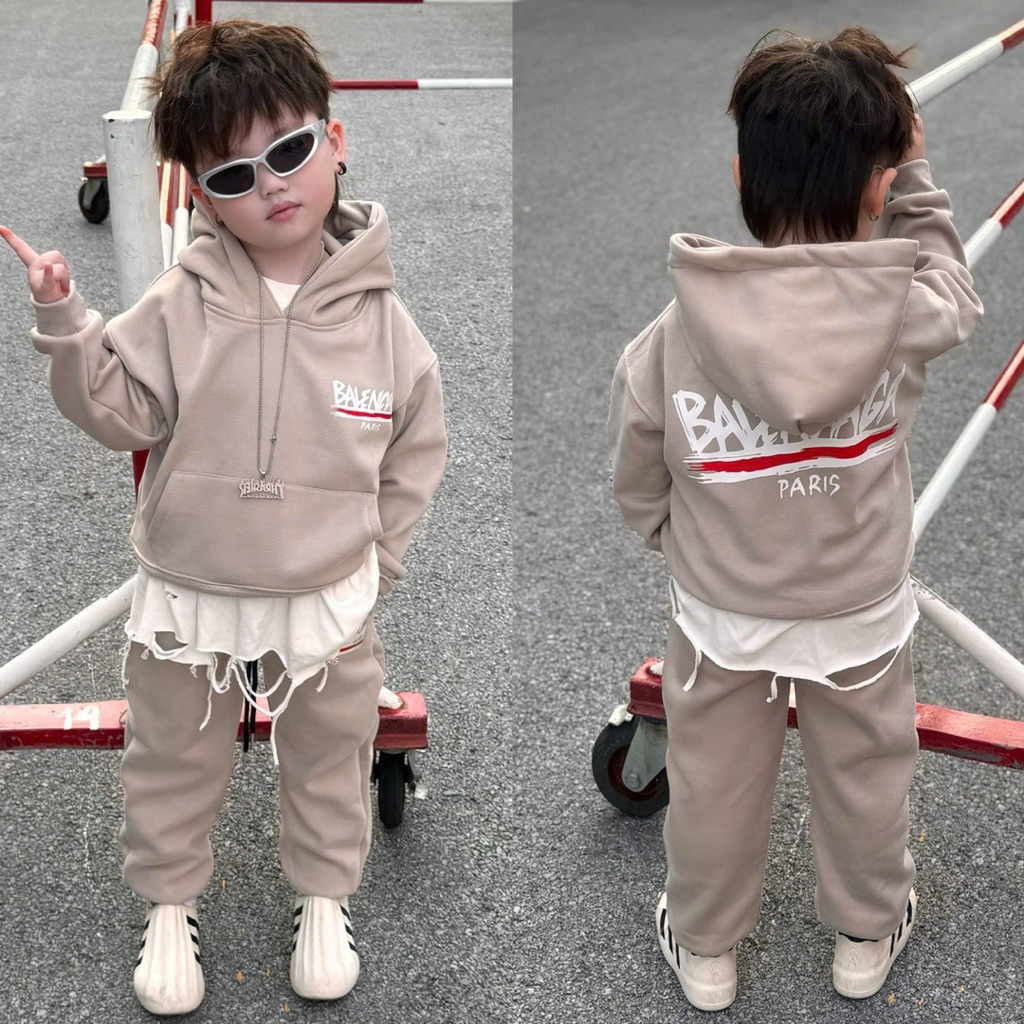 Bộ quần áo nỉ hoodie chất lót lông cáo cho bé trai ba lừn paris, bộ nỉ mũ thu đông trẻ em,TPKIDS,[M924]
