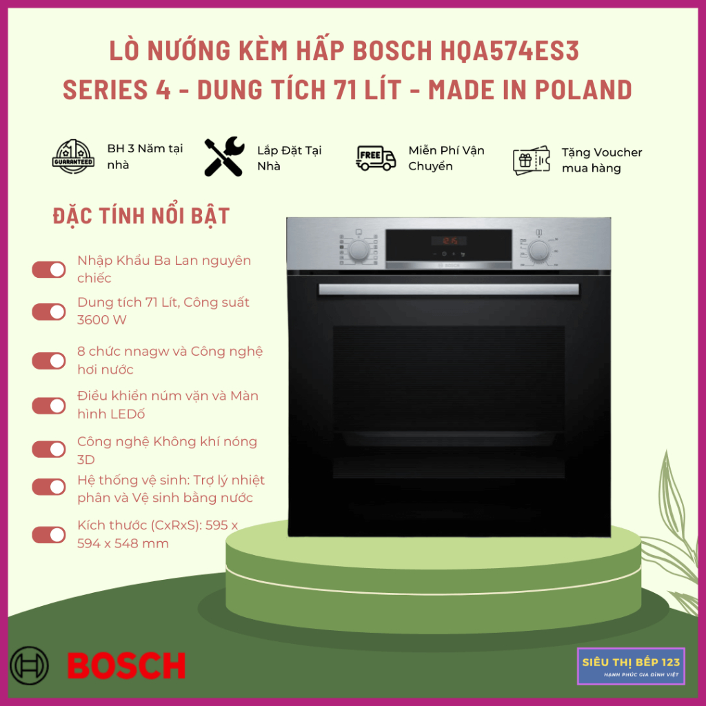 Lò Nướng Kèm Hấp Bosch HQA574ES3 Series 4 - Dung tích 71 Lít - Made in Poland