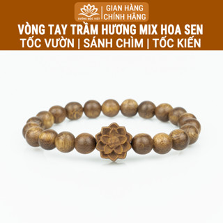 Vòng tay trầm hương hạt tròn mix hoa sen Trầm tóc vườn, sánh chìm, tóc kiến tự nhiên -Xưởng Mộc Việt