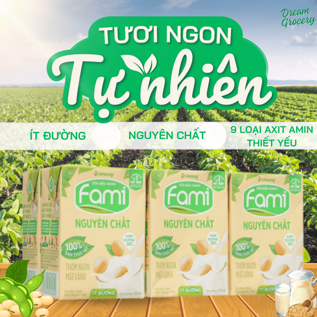 Sữa Đậu Nành Fami Nguyên chất/Can xi 200ml | Sữa Fami thùng 36 hộp | Sữa uống bổ sung canxi, thơm ng