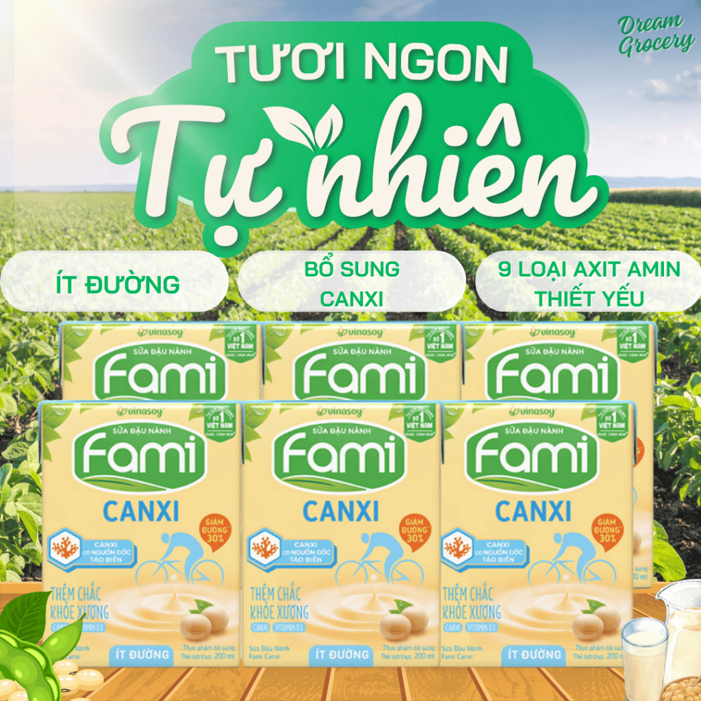 Sữa Đậu Nành Fami Canxi/nguyên chất 200ml, Sữa Fami thùng 36 hộp, Sữa uống bổ sung canxi, thơm ngon