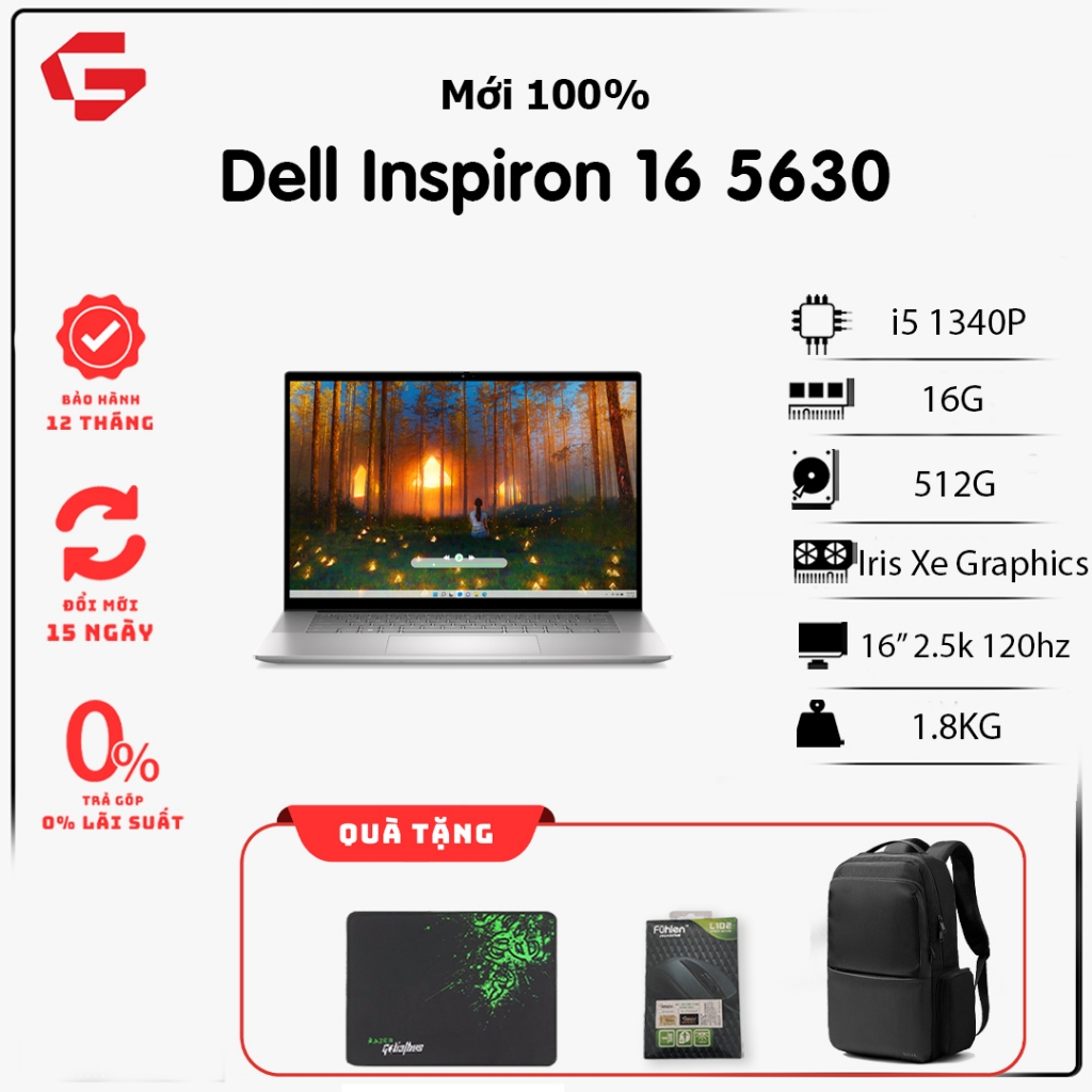 Laptop Dell Inspiron 16 5630 (i5-1340P, Intel Iris Xe Graphic, 16GB, 512GB, 16'' 2.5k 120Hz)