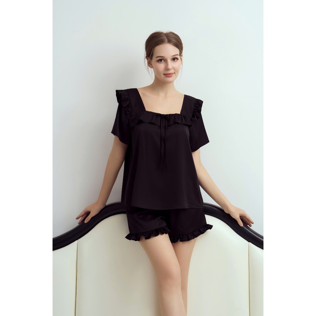 [ ƯU ĐÃI 8/3 ] Bộ ngủ nữ MELLI babydoll cổ vuông phối bèo chất lụa Latin Pháp cao cấp, mềm mại BC05 | BigBuy360 - bigbuy360.vn