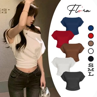 Áo Croptop Tay Ngắn TRỄ VAI CÁNH DƠI Nhún Eo Vạt Tròn Bầu Chất Cotton CR86, Áo Thun Sexy Kiểu Lệch Vai Nữ Ôm Body FLO'RA