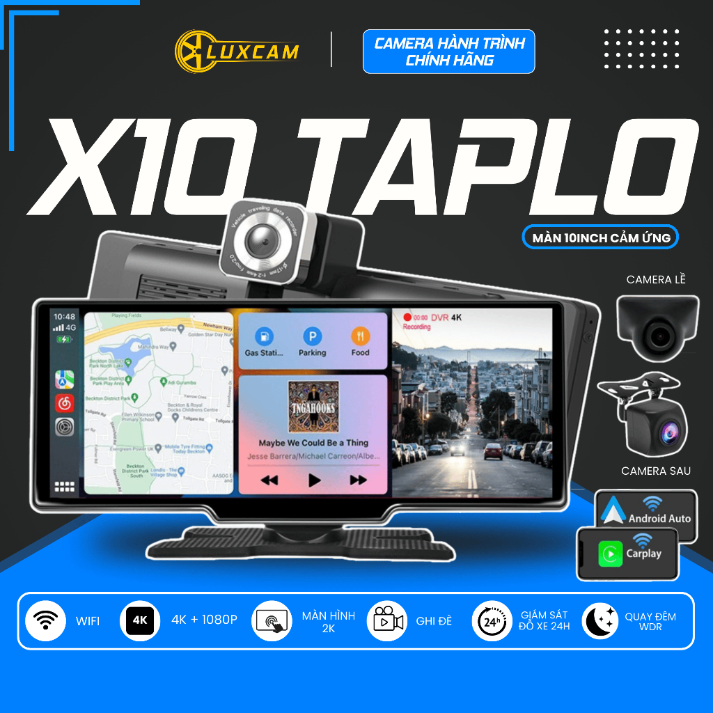 Camera X10 TAPLO, 3 Camera, Kết Nối Carplay + Android Auto