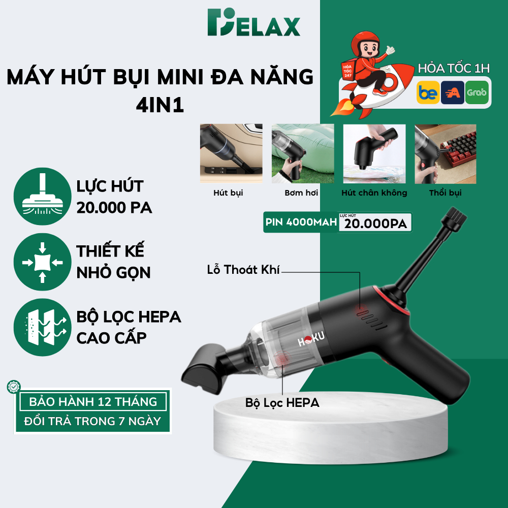 Máy Hút Bụi Cầm Tay HOKU Không Dây Đa Năng: Hút Bụi, Thổi Bụi, Hút Chân Không, Bơm, Thiết Kế Nhỏ Gọn, Dễ Sử Dụng