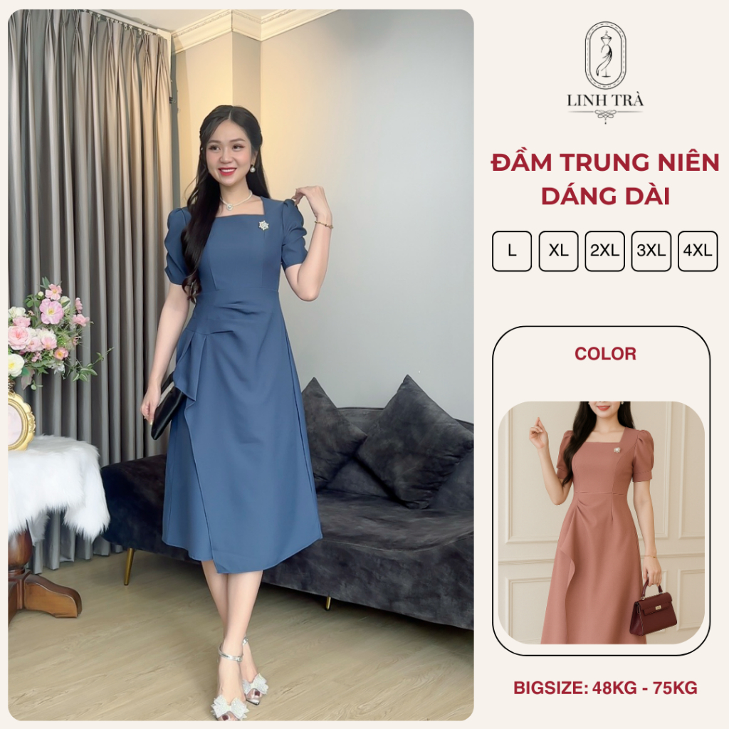 Váy Cho Mẹ, Đầm Trung Niên Dáng Dài [Linh Trà] Cao Cấp Đi Làm Đi Chơi Đi Tiệc Sang Trọng (LT 2549)