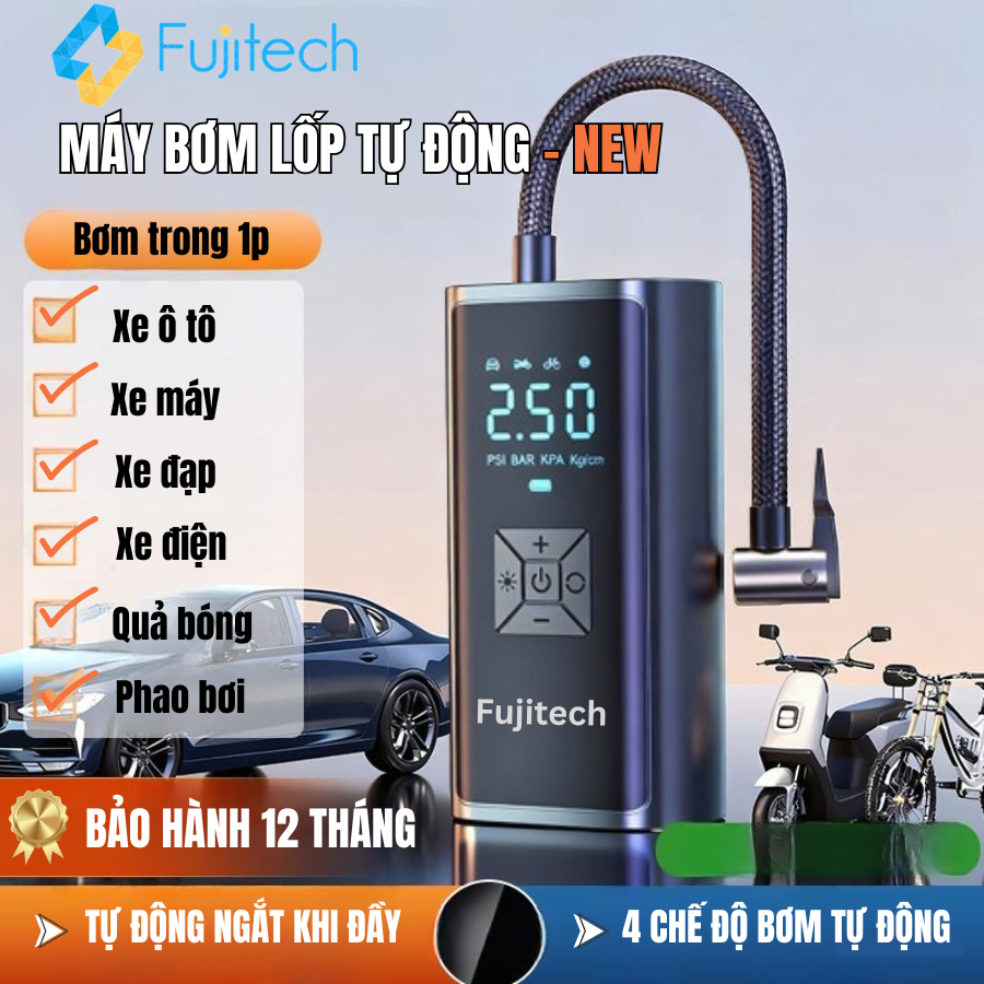 Máy bơm lốp ô tô, xe máy chính hãng FUJITECH - Bơm tự động, không dây PIN 6000mAh, BH 12 tháng