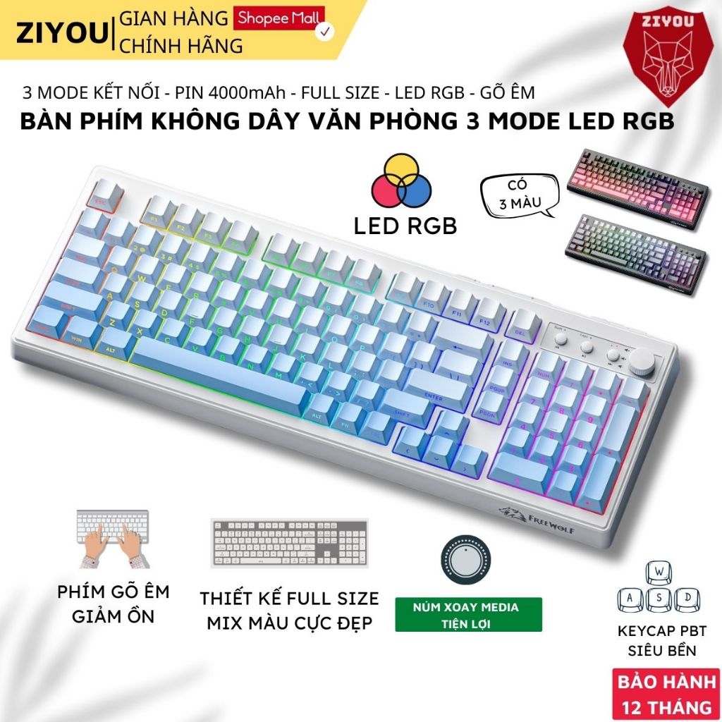 Bàn Phím Bluetooth Không Dây Ziyou FreeWolf K100 Full Size, LED RGB, Pin 4000mAh, Keycap PBT, Gõ Êm | BigBuy360 - bigbuy360.vn