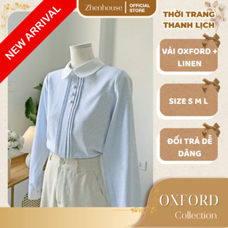 Áo Sơ Mi Nữ Tay Dài Kiểu Dáng Công Sở Hàn Quốc Kẻ Sọc Xanh Cổ Sen Phối Nút - ZhenHouse AK26
