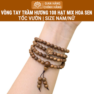 Vòng tay trầm hương chuỗi 108 hạt mix Hoa Sen tóc vườn Xưởng Mộc Việt mang lại may mắn bình an