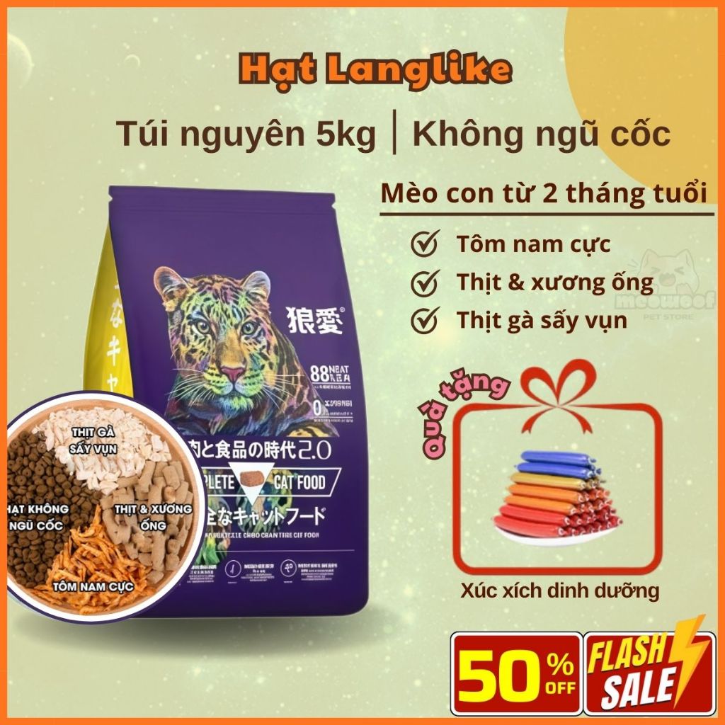 Hạt langlike 5kg , hạt cho mèo 5kg tặng kèm xúc xích, thức ăn khô cho mèo siêu topping