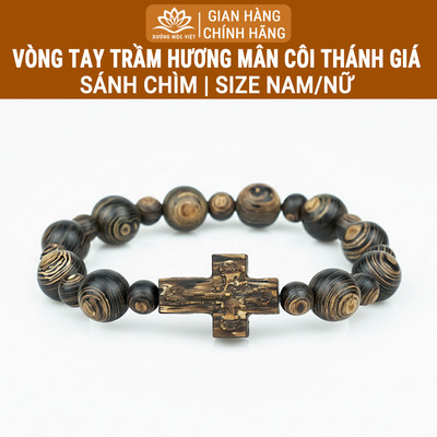 Vòng tay trầm hương mân côi thánh giá Sánh Chìm cao cấp cho người Công giáo - Xưởng Mộc Việt