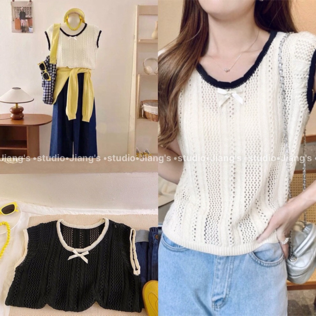 [Jiang's studio] Áo len lưới sát nách đính nơ (QC)