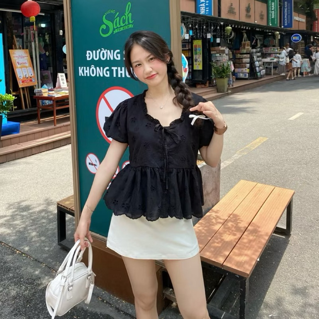 DOXI - PASS ÁO BABYDOLL TAY BÍ CỔ HOA HOẠ TIẾT HOA SIZE S