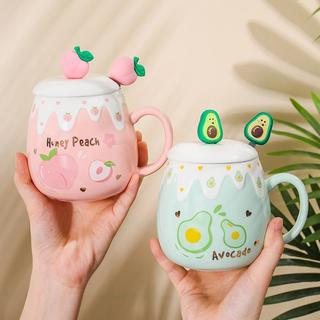 Bộ quà tặng ly cốc sứ uống nước có nắp quả dâu dễ thương 400 ml món quà sinh nhật 4 màu họa tiết si 