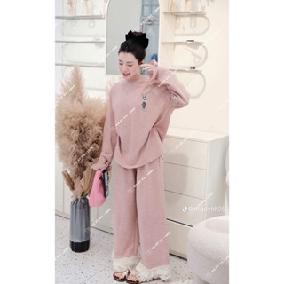  Set Bộ Đồ Nữ Len Tổ Ong Áo Dài Tay Chun Bèo Thêu Thỏ Mix Quần Suông Dài Ống Rộng Viền Gấu Ren 