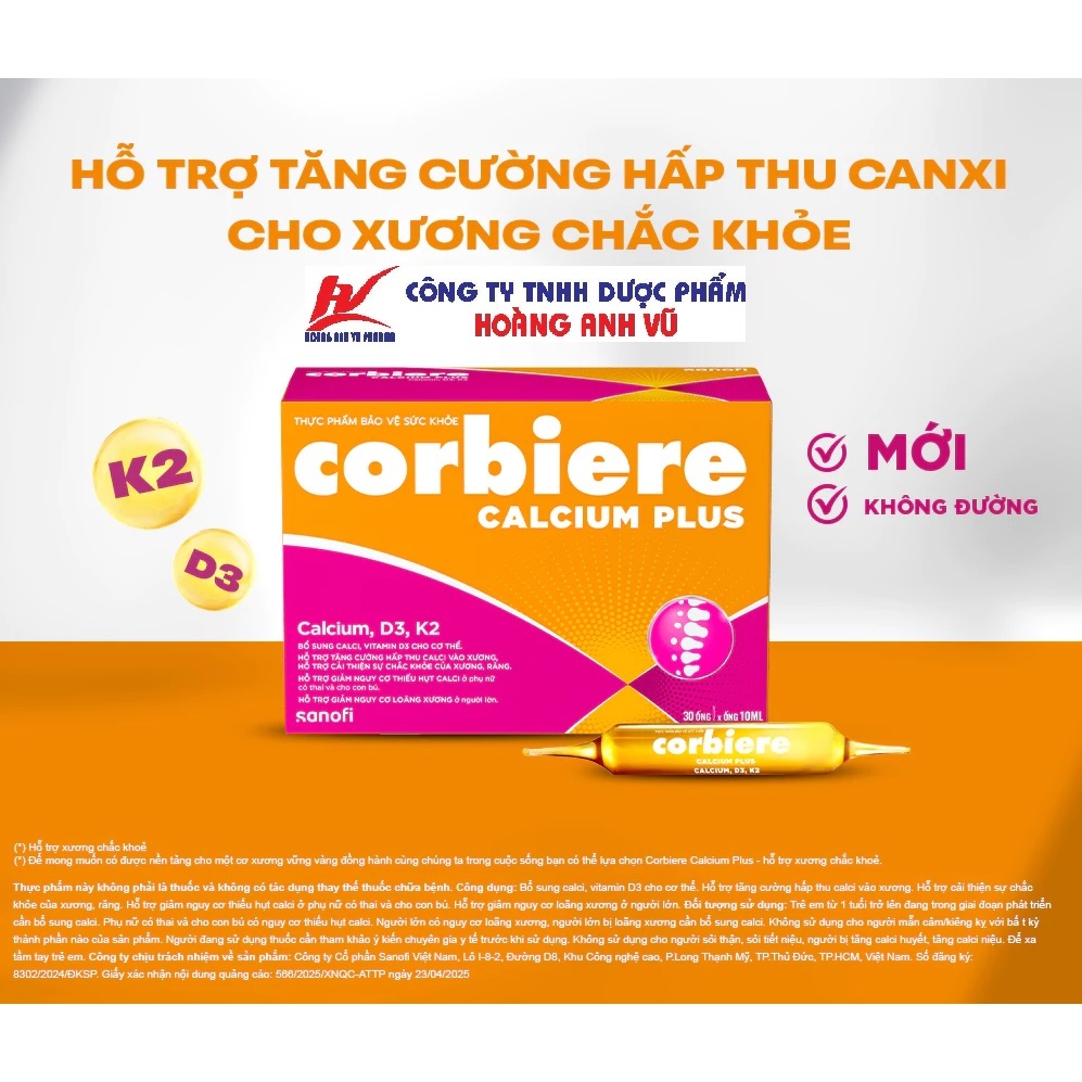 CORBIERE CALCIUM PLUS - BỔ SUNG CANXI HỮU CƠ K2 D3 - HỘP 30 ỐNG x 10ML
