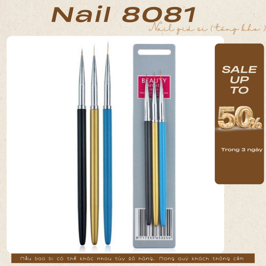 Cọ vẽ nét 3 cây cán gỗ , cọ vẽ trang trí móng