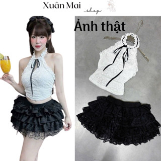 Set 2 món áo 2 dây cúp ngực sẵn mút phối trắng đen giả corset vạt nhọn chân váy chữ A đen có quần trong đi tiệc đi chơ
