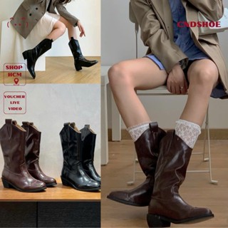  Boot nữ cổ cao ống chữ V cndshoe Bốt cao lửng mũi nhọn ống xè da xịn chất da chống xước trendy 