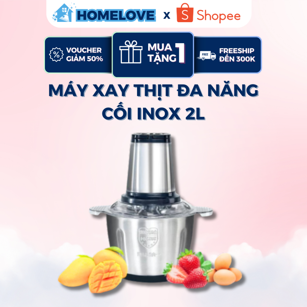 Máy Xay Thịt Đa Năng Cối Inox 2L Công Suất 200W Xay Thịt Cá Rau Củ