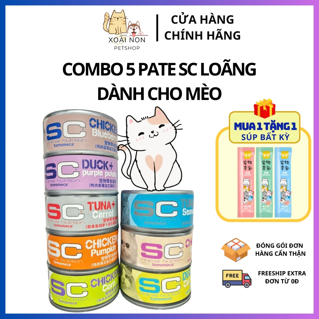 COMBO 5 Pate SC Loãng Dinh Dưỡng Cao, Pate Không Độn Ngũ Cốc Cho Mèo Mọi Lứa Tuổi, Xoài Non Petshop