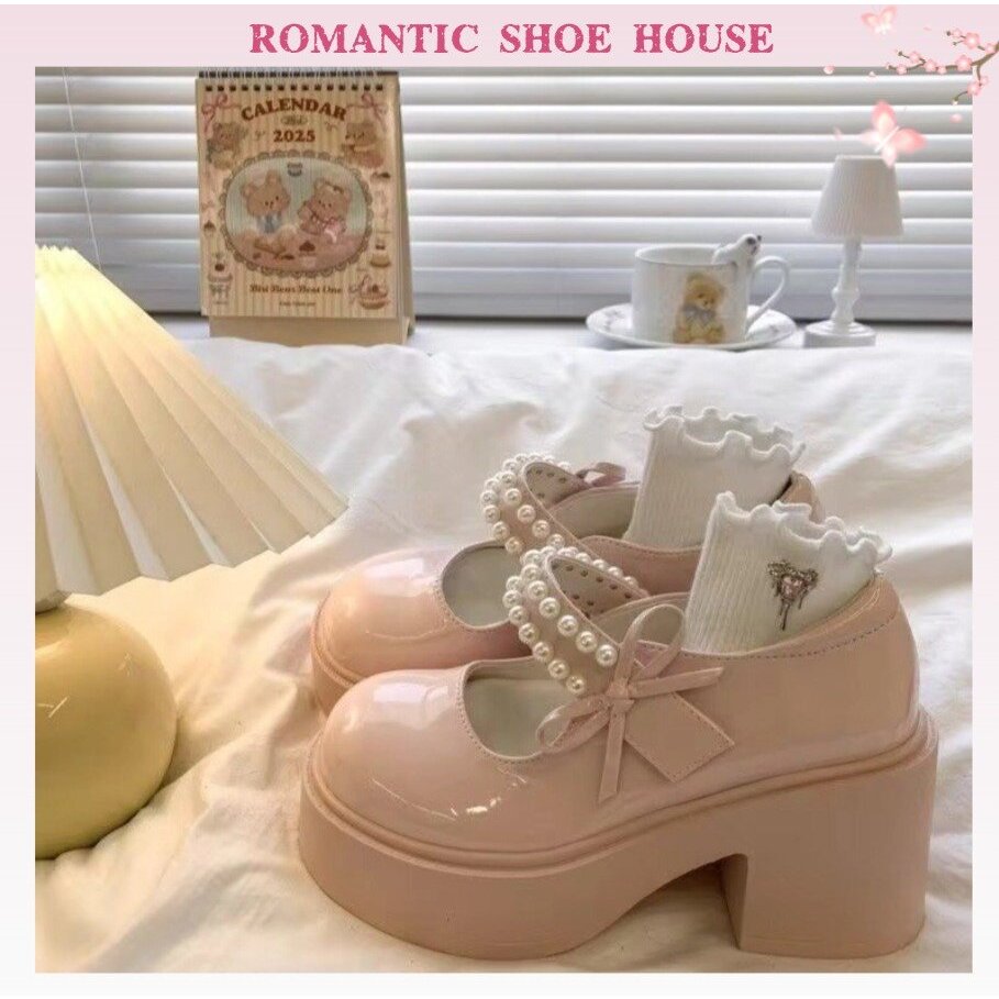 Giày búp bê nữ lolita 7p,Gót cao 7CM,không dễ nhăn,nơ ngọc trai(Lấy lùi 1 size)